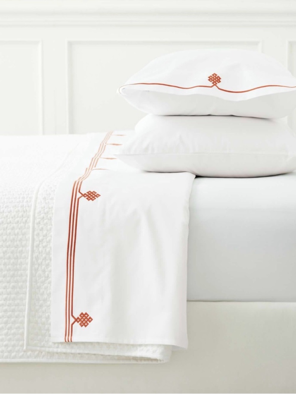 Serena & Lily White Gobi Papaya Sheet set with Embroidery